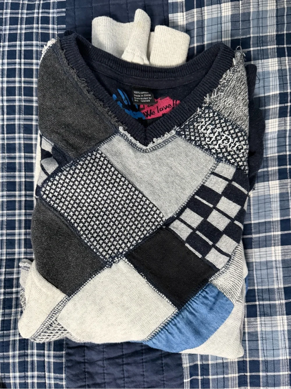 Desigual Men's Patchwork V-Neck Sweater in Gray, Navy and Blue